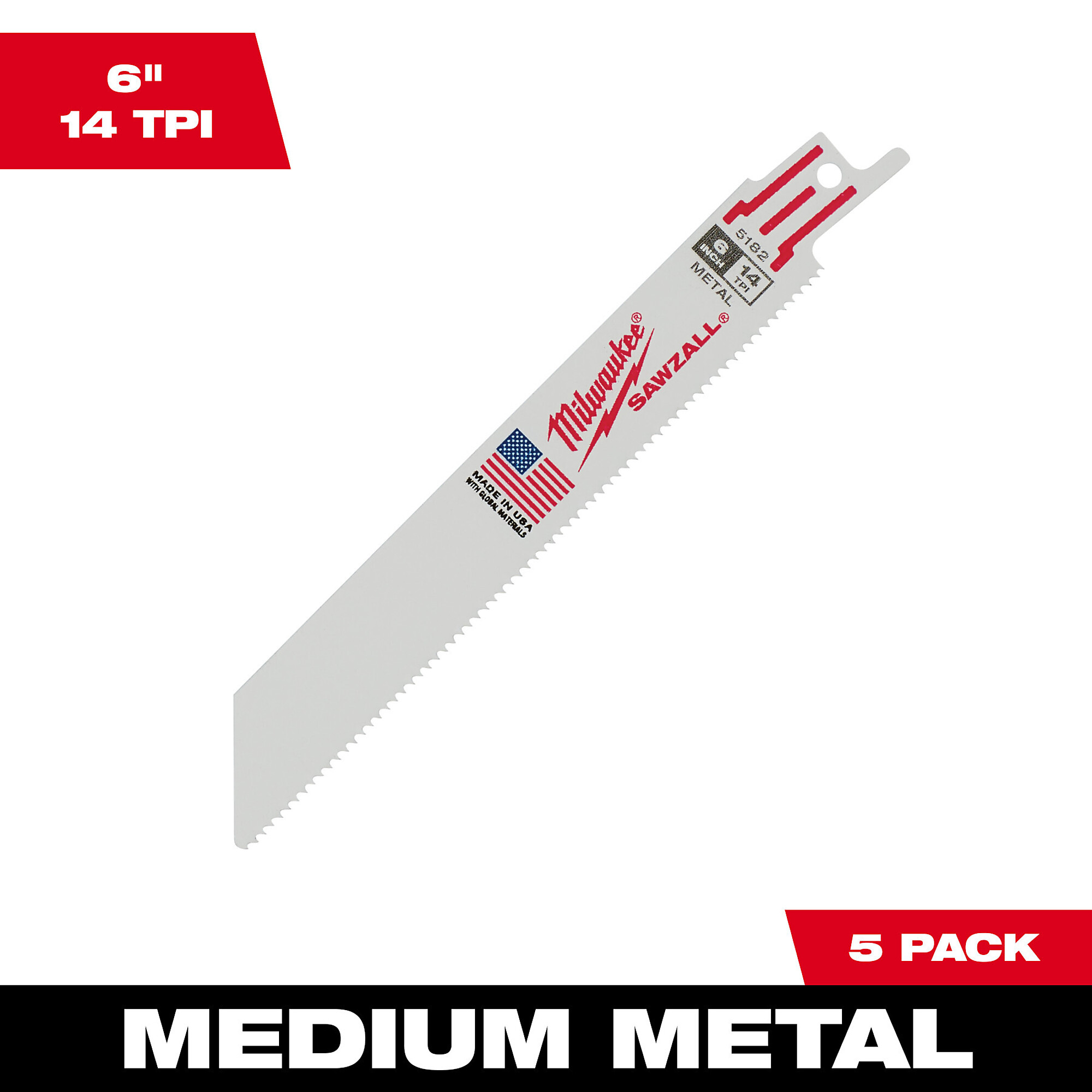 Milwaukee Thin Kerf Metal Cutting SAWZALL Blades, 5-Pk., 6in.L, 14 TPI, Model# 48-00-5182